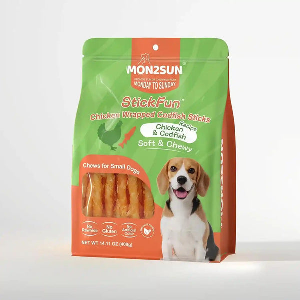MON2SUN Dog Treats, 4.5-4.7 Inch Chicken Wrapped Codfish Sticks, 14.11 Oz | 40 Count Pack, Soft Chewy Texture, Low-Fat Recipe, Rawhide-Free Daily Treats, Suitable for Small Dogs10