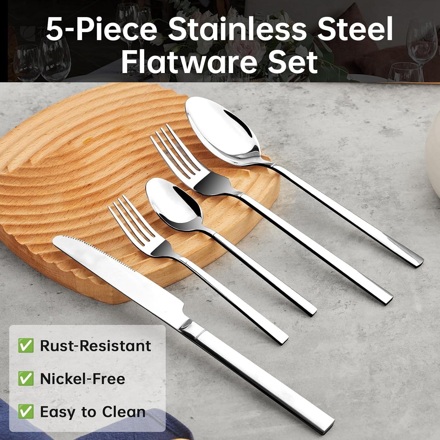 5-piece-stainless-steel-flatware-set-and-coating-free-hybrid-stainless-steel-wok-with-lid-12-6-flat-bottom-stir-fry-pan