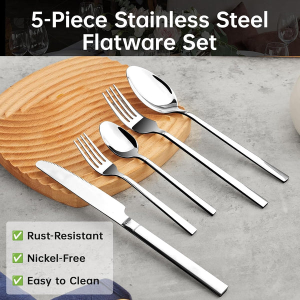 5-Piece Stainless Steel Flatware Set and Coating-Free Hybrid Stainless Steel Wok with Lid, 12.6" Flat-Bottom Stir-Fry Pan8