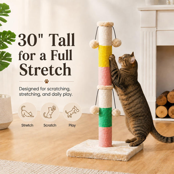 30 Inch High Cat Scratching Post with 4 Plush Teasing Toy Balls, Natural Sisal Rope Post and Thickened Base, Red Green Yellow White2