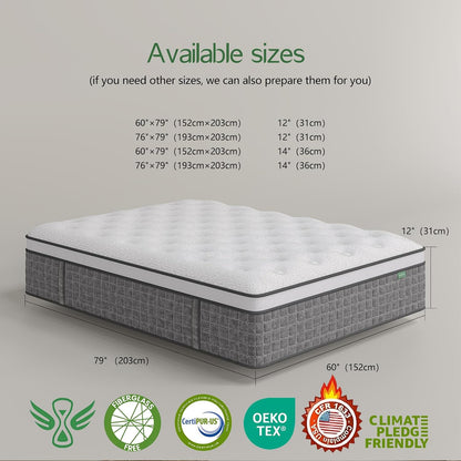 Full Size Mattress, Medium Firm 12 Inch Hybrid Mattress Full Size in a Box - Memory Foam & Pocket Springs for Back Pain Relief, Fiberglass Free, Motion Isolation, Certipur-Us & OEKO-TEX Certified2
