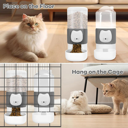 Yummy Sam Hanging Automatic Small Pet Food Water Dispenser, Auto Gravity 0.8L Cat Feeder and 0.87L Water Dispenser, Self-Feeding and Waterer Set Kennel Feeding Station for Puppy Cats (Grey White)7