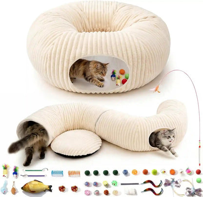 Cat Tunnel Bed with 40 Pcs Interactive Cat Toys, Cat Tube with Kitten Toys for Indoor Kittens, Collapsible Play Tunnel, White1