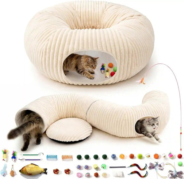 Cat Tunnel Bed with 40 Pcs Interactive Cat Toys, Cat Tube with Kitten Toys for Indoor Kittens, Collapsible Play Tunnel, White1
