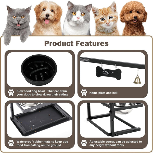 Elevated Dog Bowls with Slow Feeder for Large Dogs – Adjustable Raised Stand with 2 Stainless Steel Bowls & Spill-Proof Mat, Non-Slip Dog Feeder for Large & Medium Dogs (Black)4