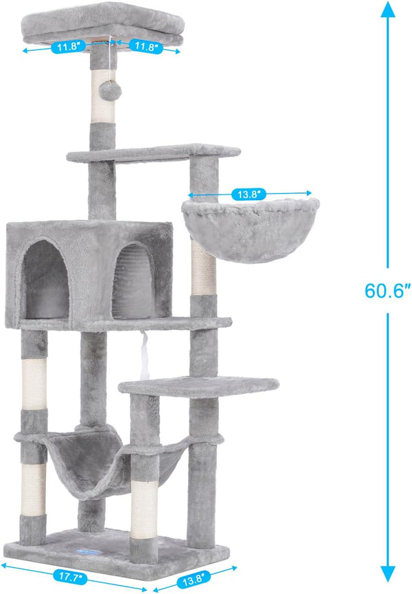 Hey-Brother Cat Tree with Large Hammock, Multi-Level Cat Tower for Indoor Cats, Cat Condo with Sisal-Covered Scratching Posts and Top Perch, Light Gray MPJ050W3
