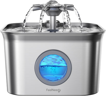 Stainless Steel Cat Water Fountain, 2.8L with 20Db Ultra-Quiet Pump- Ideal for Timid Pets, LED Water Level Window, Dishwasher Safe, 24/7 Circulation- Includes 3 Replacement Filters11