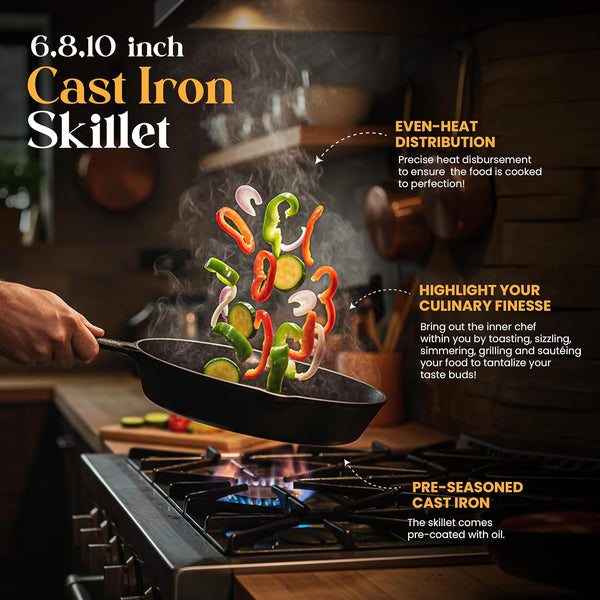 Cast Iron Skillet Set 3 Piece 6 8 10 Inch Pfas-Free Black | Chef Pan, Even Heat Distribution, Stovetop, Campfire and Grill Safe, Large Skillet Set, Indoor Outdoor Use3