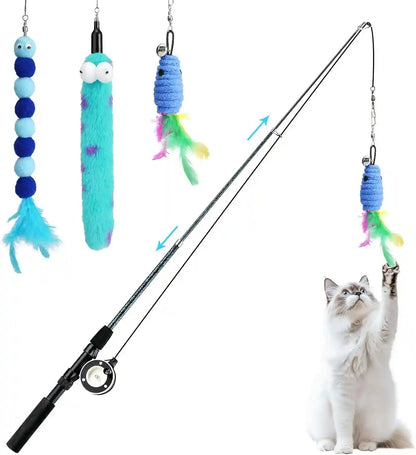 Pawaboo Cat Feather Toys, 4 Pack Interactive Cat Feather Teaser Wand Toys, Retractable Fishing Pole Wand Catcher Exerciser with Refill Fish, Dragonfly Worm with Bells, Fun Cat Kitten Kitty Playing Toy11