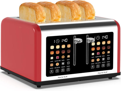 4 Slice Toaster Touch Screen, Stainless Steel Toasters Digital Timer, Dual Control Panel Toasters, 8 Shade Settings 6 Bread Types for Bagel, Cancel, Defrost 1650W Red9