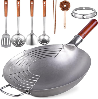 13.4" Carbon Steel Wok Traditional Hand Hammered round Bottom Wok | Chinese Woks Pan with 8 Pcs Cookware Accessories for Gas Stovetops, Open Fire, BBQ, Camping1