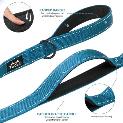 Twoear 6FT 1IN Strong Blue Dog Leash with 2 Padded Handles, Traffic Handle Extra Control, Comfortable Soft Dual Handle, Auto Lock Hook, Reflective Walking Lead for Small Medium and Large Dogs4