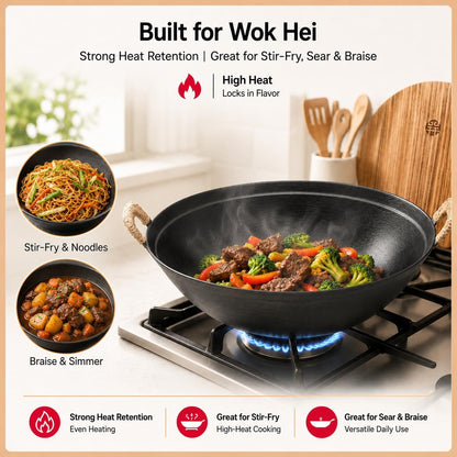 13.4 Inch Cast Iron Wok with Lid, Flat Bottom Chinese Stir Fry Pan, Uncoated Heavy Duty Wok Pan for Induction, Gas, Electric & Ceramic Stoves, Dual Handles7