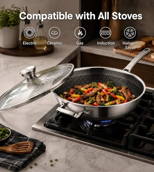 Wok Pan,Hybrid Nonstick 14 Inch Wok with Lid,Induction Non Stick Stainless Steel Large Deep Woks&Stir-Fry Pans,Stay-Cool Handle Skillets,Pfoa Free Cookware4