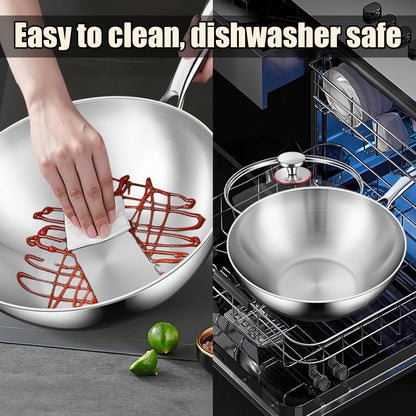 5 Ply Clad Stainless Steel Wok Pan with Lid/Steamer, No Coating Non-Stick Flat Bottom Wok, Even Heating Frying Pans, Compatible with All Cooktops,No Lid,9.45In6