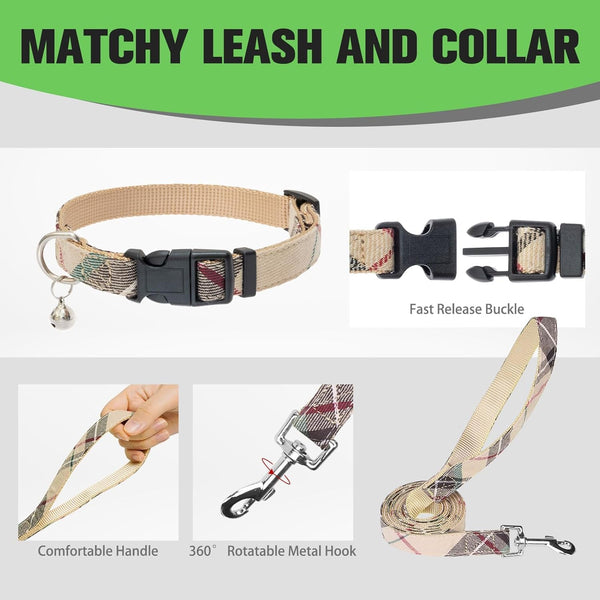 EXPAWLORER Plaid Small Dog Harness and Leash Set with Airtag Holder - No Pull Soft Padded Step in Dog Vest Harness Medium Sized Dog, Reflective Puppy Harness, Collar and Leash for Walking, Khaki S8