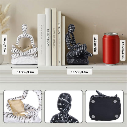 Book Ends for Heavy Books Set of 2, Modern Abstract Thinker Book Ends for Shelves and Desk - Resin with Non-Slip Pads, Bookends for Shelves, Modern Black White Office Decor Bookends2