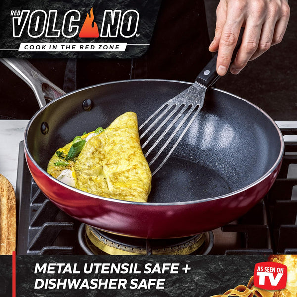 Textured Ceramic Nonstick, 11" Flat Bottom Wok Stir-Fry Pan with Lid for High Heat Cooking, Oven & Broiler Safe to 600 Degrees, Dishwasher Safe, PFAS PFOA & PTFE Free, Red3