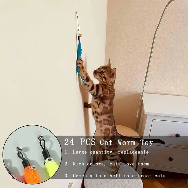 Kuuguu 24 PCS Cat Worm Toy Replacement Teaser with Bell Refills Indoor Cat'S Interactive Wand and Catch Wand Soft Squiggly Worm Teaser Refills Attachment Interactive Catch Toy Accessories （6 Color）4