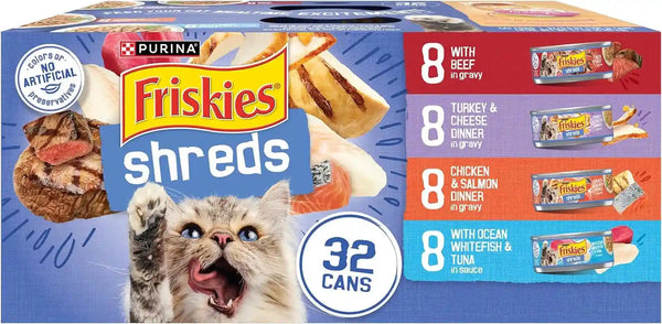 Purina Friskies Wet Cat Food Variety Pack, Shreds with Beef, Turkey and Cheese Dinner, Chicken and Salmon Dinner, and with Ocean Whitefish and Tuna - (Pack of 40) 5.5 Oz. Cans15
