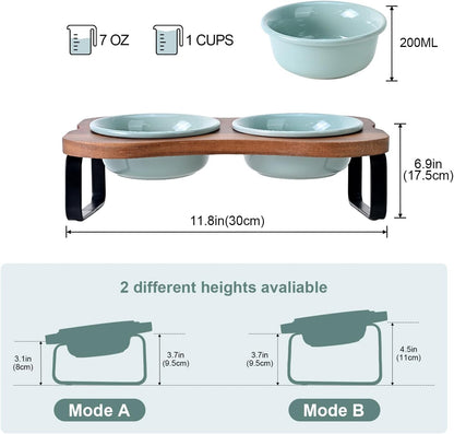 SPUNKYJUNKY Ceramic Elevated Tilted Dog Bowls Bone-Shaped Raised with 2 Height Iron Stand, 4.9'' Dog and Cat Food Water Bowls Set Non-Slip for Puppy Kitten Small Sized Breed - 7 Oz,Light Green2