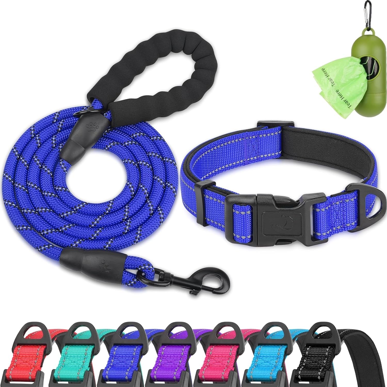 dynmeow-reflective-dog-collar-and-leash-set-for-large-dogs-teal-soft-neoprene-padded-6ft-climbing-rope-ideal-for-daily-outdoor-walking-or-indoor-wearing-night-visible-for-safety
