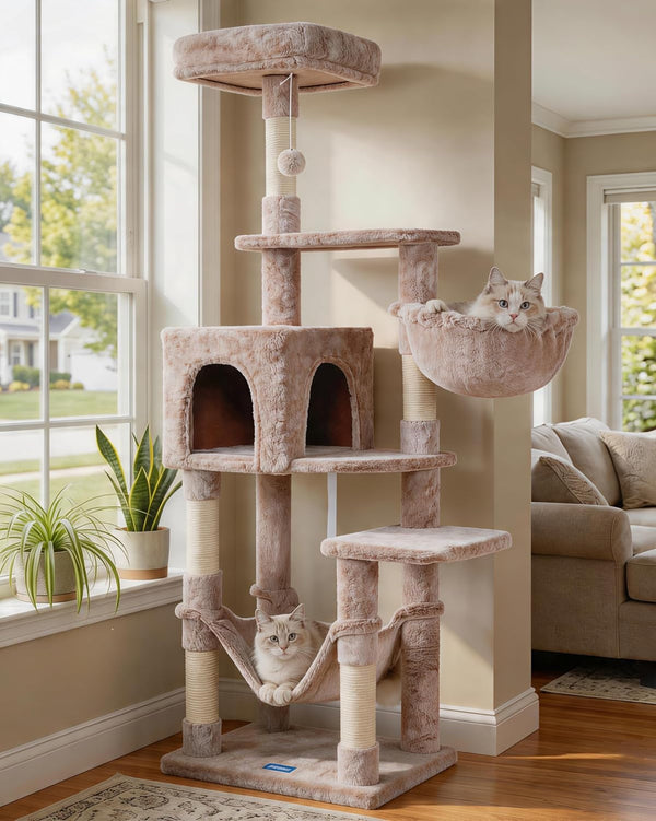 Hey-Brother Cat Tree with Large Hammock, Multi-Level Cat Tower for Indoor Cats, Cat Condo with Sisal-Covered Scratching Posts and Top Perch, Light Gray MPJ050W11