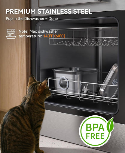 Stainless Steel Cat Water Fountain, 2.8L with 20Db Ultra-Quiet Pump- Ideal for Timid Pets, LED Water Level Window, Dishwasher Safe, 24/7 Circulation- Includes 3 Replacement Filters3