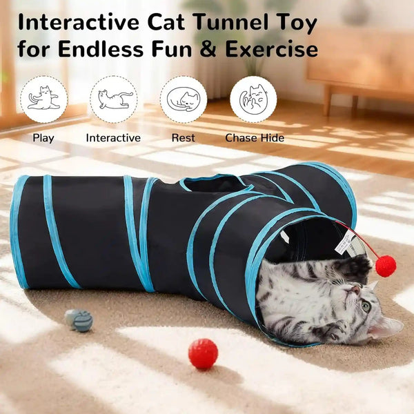 Tempcore Pet Cat Tunnel Tube Toys 3 Way Collapsible, Tunnels for Indoor Cats, Interactive Tube with Teaser Wand, Peek Holes & Hanging Ball, Black & Blue3