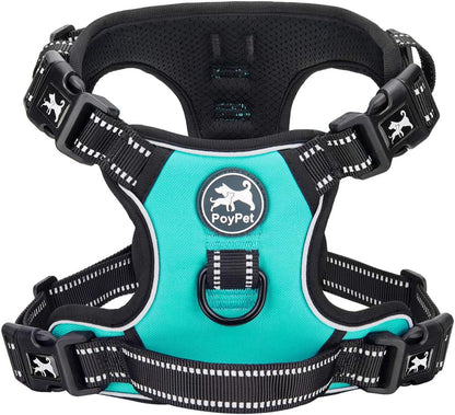 Poypet No Pull Dog Harness with 4 Snap Buckles, Reflective with Front & Back 2 Leash Hooks and an Easy Control Handle [NO Need Go over Dog’S Head](Mint Blue,M)1