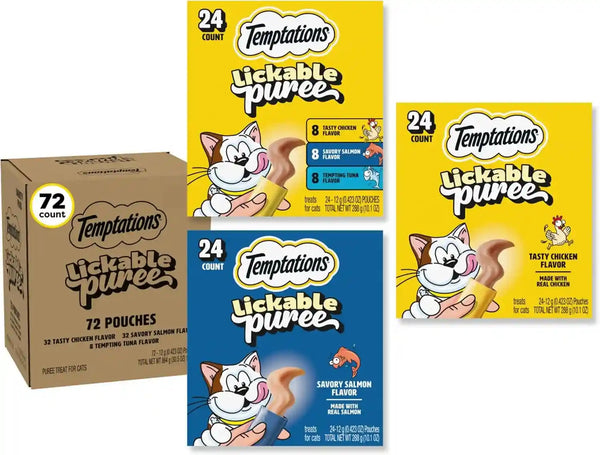 Temptations Creamy Puree Cat Treats, Beef, Chicken, Salmon & Tuna, 48 Count | Beef, Salmon, Chicken & Tuna, under 15 Cal/Tube, No Added Sugar or Fillers, Senior-Friendly, Meal Topper or Hand-Feed15