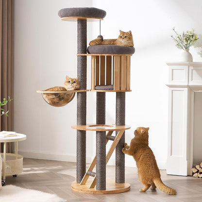 50" Modern Cat Tree for Indoor Cats Small to Medium, Solid Wood Cat Tower with Sisal Scratching Posts, Cat Scratcher Cardboard, Cozy Cat Beds & Hidden Cat Condo, Multi-Level Cat Furniture14