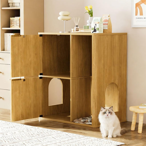 Cat Litter Box Enclosure Furniture, 2 Storey Hidden Litter Box Cabinet with Scratching Post & Storage Shelf, Fluted Modern Litter Box Enclosure for Living Room, Bedroom,Natural7