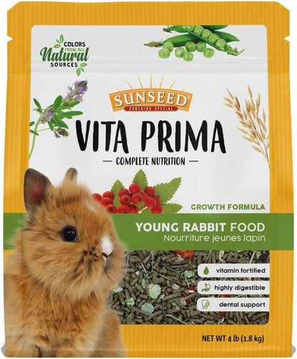 Sunseed Vitakraft Vita Prima Young Rabbit Food 4 Lb - Wholesome Daily Nutrition with Timothy Hay Alfalfa Grains Fruits and Vegetables for Growing Rabbits - Nutrient Rich Seed and Pellet Blend1