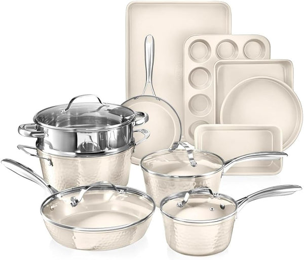 Hammered 15Pcs Ceramic Cookware Set Nonstick, Induction Pots and Pans Set Non Stick with Bakeware Set & Steamer for Cooking, Non Toxic PFOA PFOS Free, Oven & Dishwasher Safe, Cream White1
