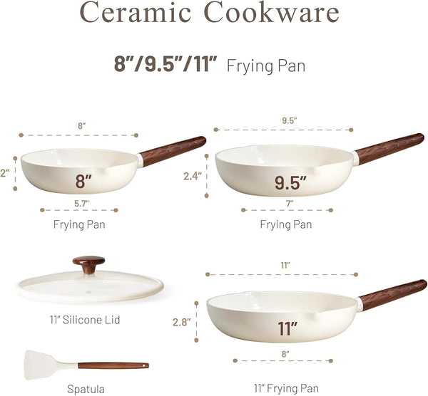 Nonstick Frying Pans Skillets, 5 PCS Ceramic Coating Pans Set | Non-Toxic Healthy PFAS Free, Induction Compatible, 8+9.5+11 Inch with Colander Lid and Spatula, Cream White2