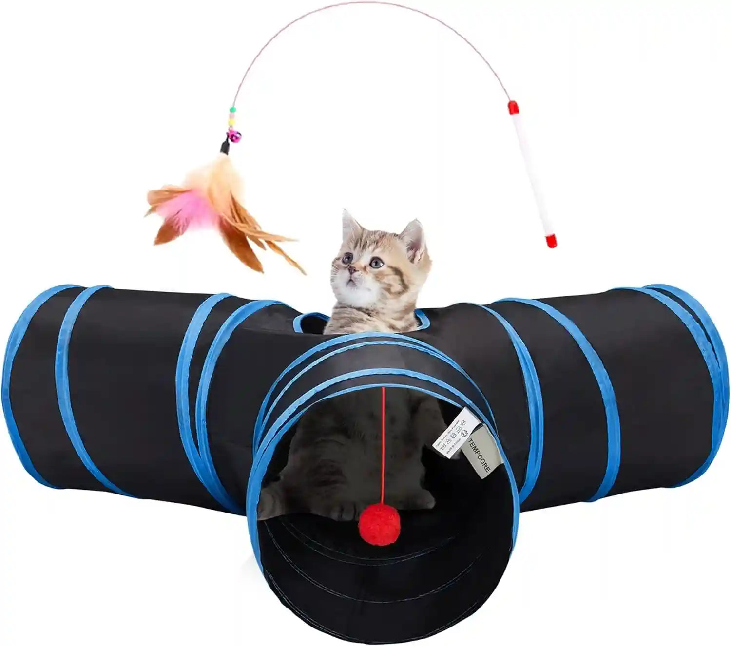 tempcore-pet-cat-tunnel-tube-toys-3-way-collapsible-tunnels-for-indoor-cats-interactive-tube-with-teaser-wand-peek-holes-hanging-ball-black-blue