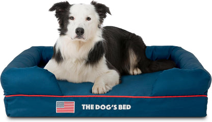 The Dog’S Bed Orthopedic Memory Foam Dog Bed with Bolsters for Large Dogs, High Density Support Mattress, Low Front Entry, Removable Washable Cover, Oxford Fabric, Blue with Dark Red Trim, Large1