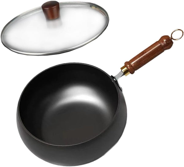 Refined Iron Wok with Wood Handle and Glass Lid, 9.45 in Flat Bottom Nonstick Stir Fry Pan for Gas, Induction, and All Stovetops1