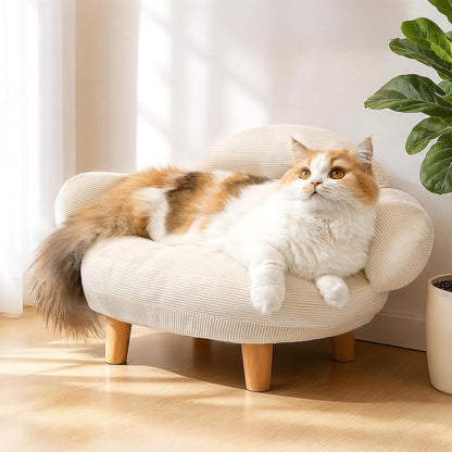 Cat Sofa Furniture-Style Pet Bed with Removable Cotton Velvet Cover, Solid Pine Wood Legs, for Cats and Small Dogs, White1