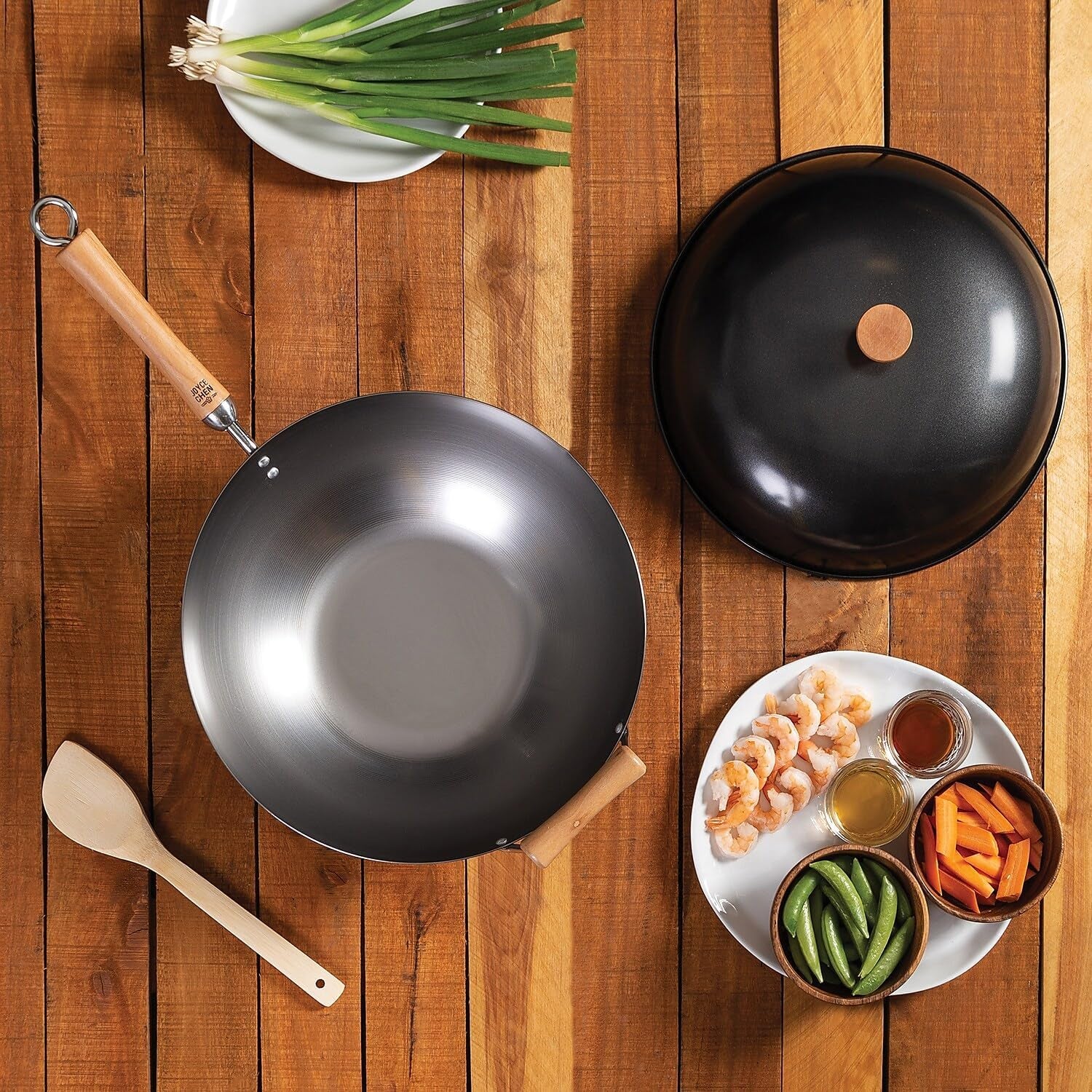 joyce-chen-classic-series-14-inch-uncoated-carbon-steel-wok-set-with-lid-and-birch-handles-4-pieces