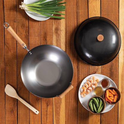 JOYCE CHEN Classic Series 14-Inch Uncoated Carbon Steel Wok Set with Lid and Birch Handles, 4 Pieces2