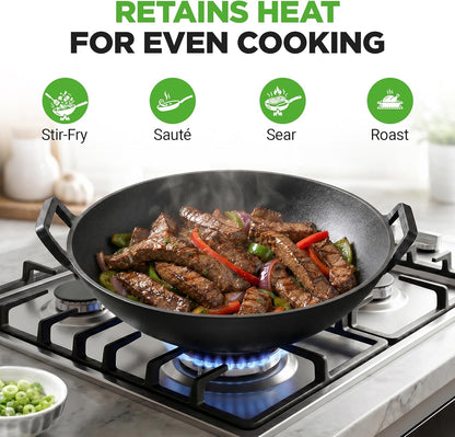 14" Cast Iron Wok with Wooden Lid - Pre-Seasoned Kadai for Stir-Fry with Loop Handles, Compatible with Multiple Cooktops Including Induction, Large 5.8 Qt Capacity3