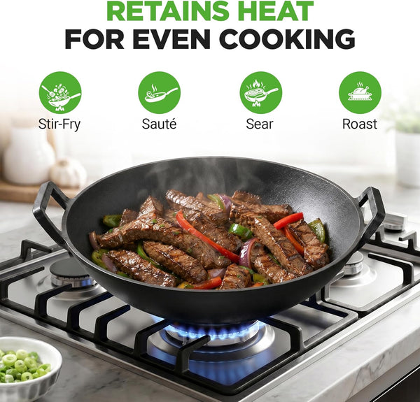 14" Cast Iron Wok with Wooden Lid - Pre-Seasoned Kadai for Stir-Fry with Loop Handles, Compatible with Multiple Cooktops Including Induction, Large 5.8 Qt Capacity3