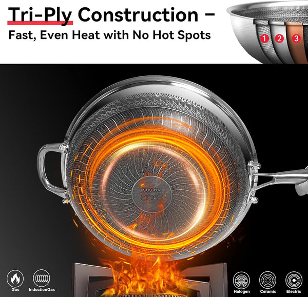 5-Piece Stainless Steel Flatware Set and Coating-Free Hybrid Stainless Steel Wok with Lid, 12.6" Flat-Bottom Stir-Fry Pan6