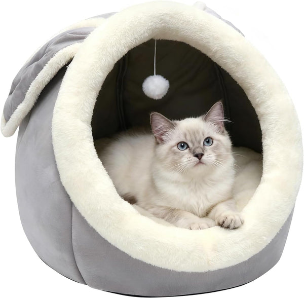 Cat Beds for Indoor Cats-Rabbit-Shaped Cat Cave Bed with Hanging Toy,Grey M | Super Soft Calming Cat Tent House for Kitten&Puppy,Warm Plush&Machine Washable&Removable Cushioned Pad,Cute Cat Hideaway13