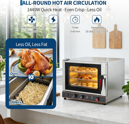 Compact 22L Commercial Countertop Convection Toaster Oven – 3-Tier Air Fryer, 1440W, Adjustable Temp 30°C-300°C, Half-Size, Stainless Steel, with Trays & Wire Racks, Kitchen Appliance,3