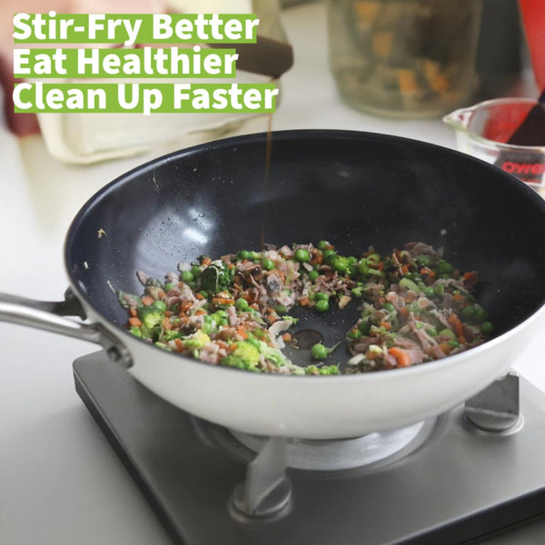 Techef Collection | Ceramic Nonstick Flat Bottom Wok Stir Fry Pan, Nontoxic - Free of PFAS, PFOA, PTFE (Wok 12")2