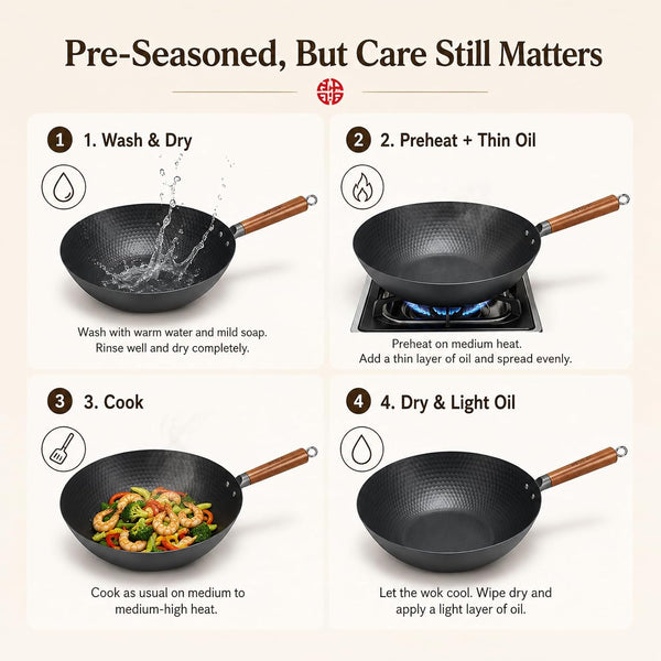 Lightweight Carbon Steel Wok Pan with Lid, 12.6" Flat Bottom Stir Fry Wok for Induction, Electric & Gas Stoves, 2.9 Lb Wok Body, Pre-Seasoned Nitrided Wok, No Chemical Coating6