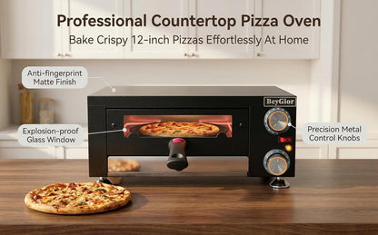 Electric Pizza Oven Indoor,12 Inch Countertop Pizza Maker with Viewing Window,Stainless Steel Commercial Pizza Oven, Removable Handle,Dual Baking Trays and Oven Mitts5